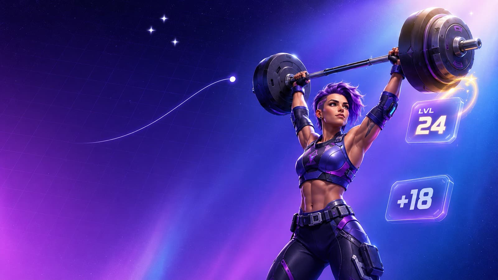 Stylized 3D-rendered RPG character in a purple aurora gradient finishing a barbell overhead press, with floating glassmorphic stat boxes showing LVL 24 and +18, a sparkle-star cluster, and a white progression arc.