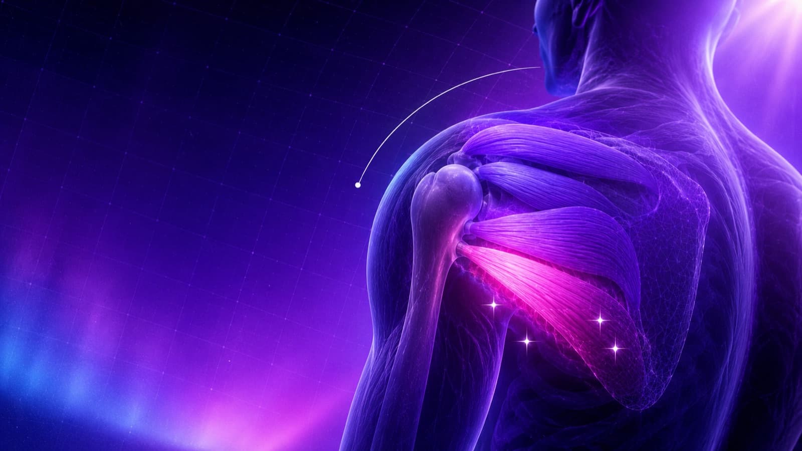 Stylized 3D illustration of a right human shoulder in a purple aurora gradient, with the rotator cuff muscles rendered translucent and one glowing magenta as the weak link. Sparkle stars and a thin range-of-motion arc overlay the joint.