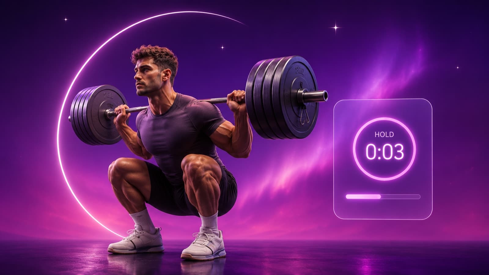 A lifter held at the bottom of a barbell back squat in Kovo's purple-and-magenta aurora palette, frozen mid-pause, with a glowing HOLD 0:03 timer panel and a scatter of sparkle stars overhead.