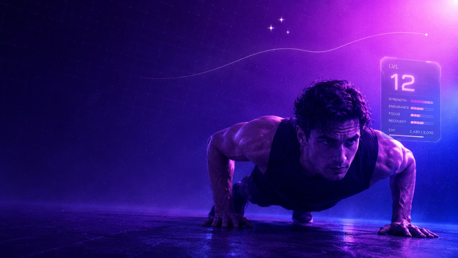 A lifter mid-push-up in Kovo's purple-and-magenta aurora palette, with a glowing LVL 12 quest-window panel showing strength, endurance, focus, and recovery bars, a progression arc, and sparkle stars floating overhead.