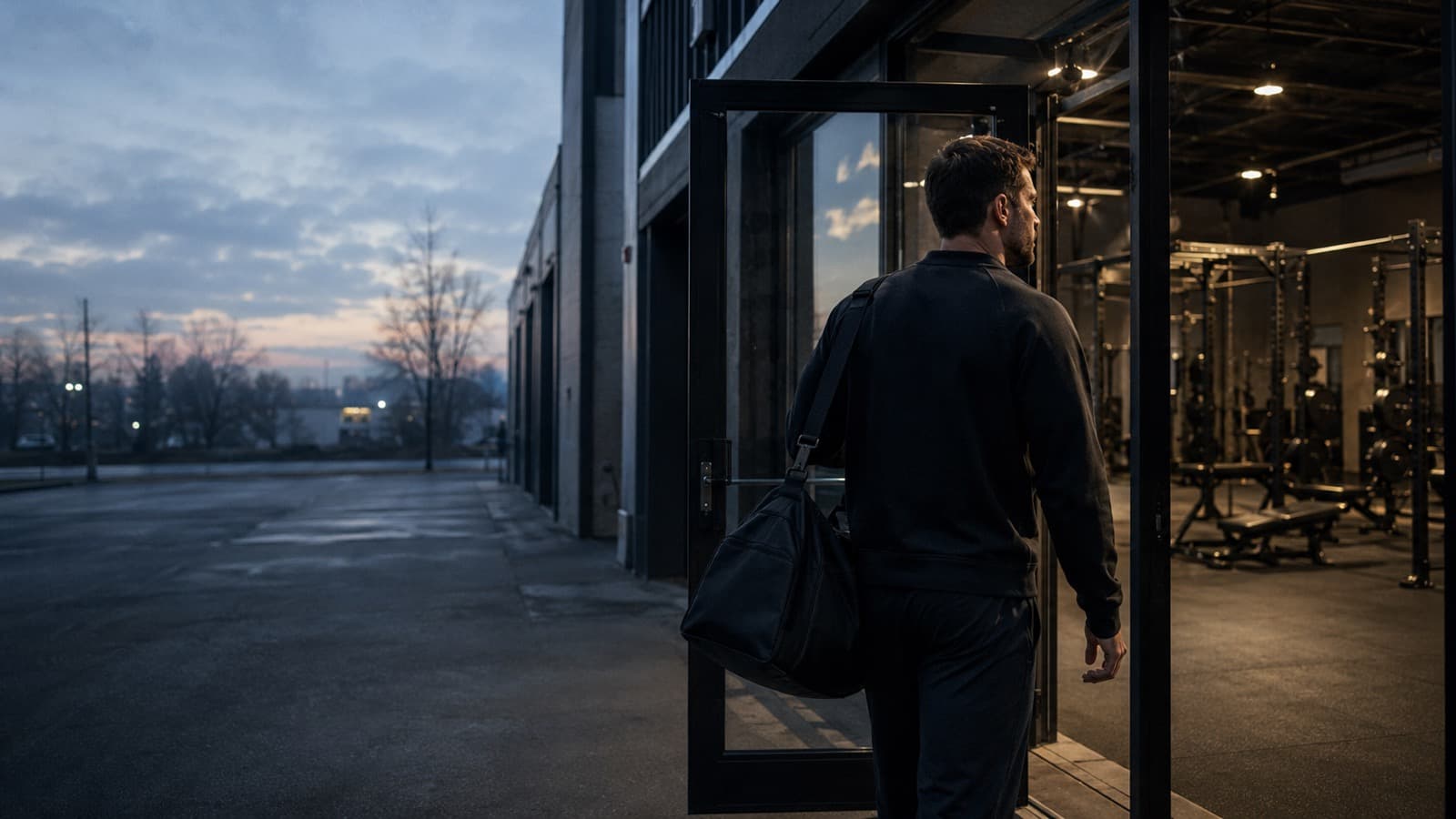 Documentary-style photo of a person in dark training clothes walking through the open glass door of an empty early-morning gym, gym bag over one shoulder, back three-quarter angle, racks and benches visible inside.