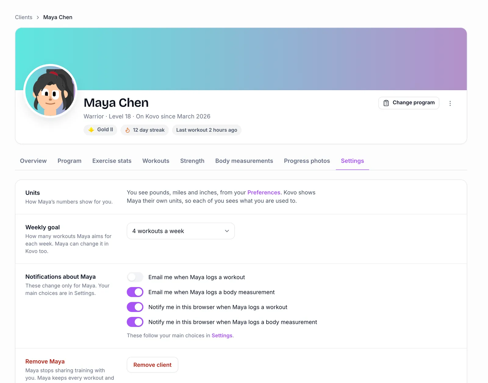 A client’s settings: units, weekly goal and notifications for that client