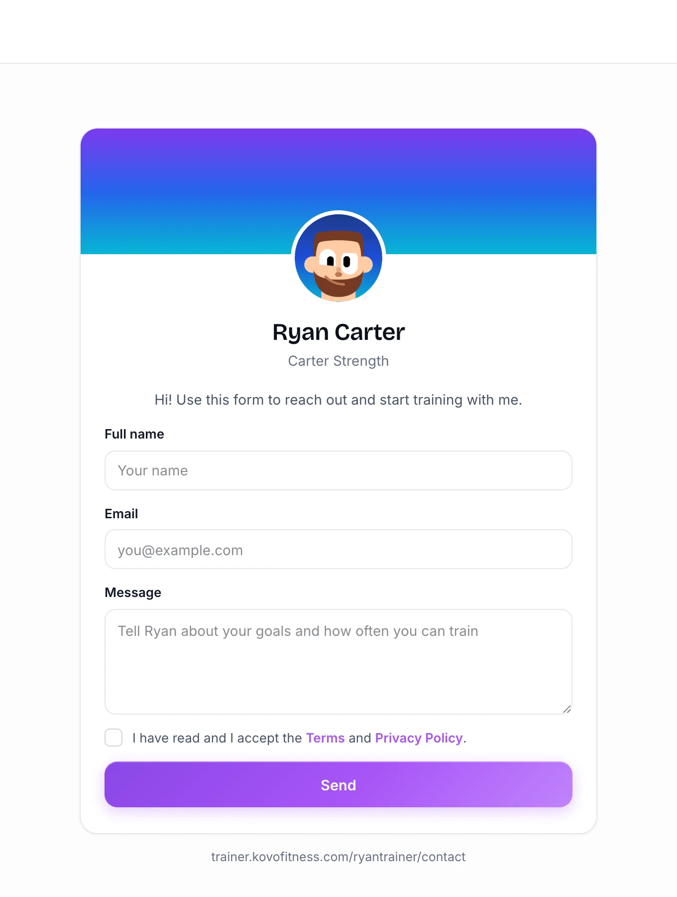 A trainer’s contact form, with their photo and a message