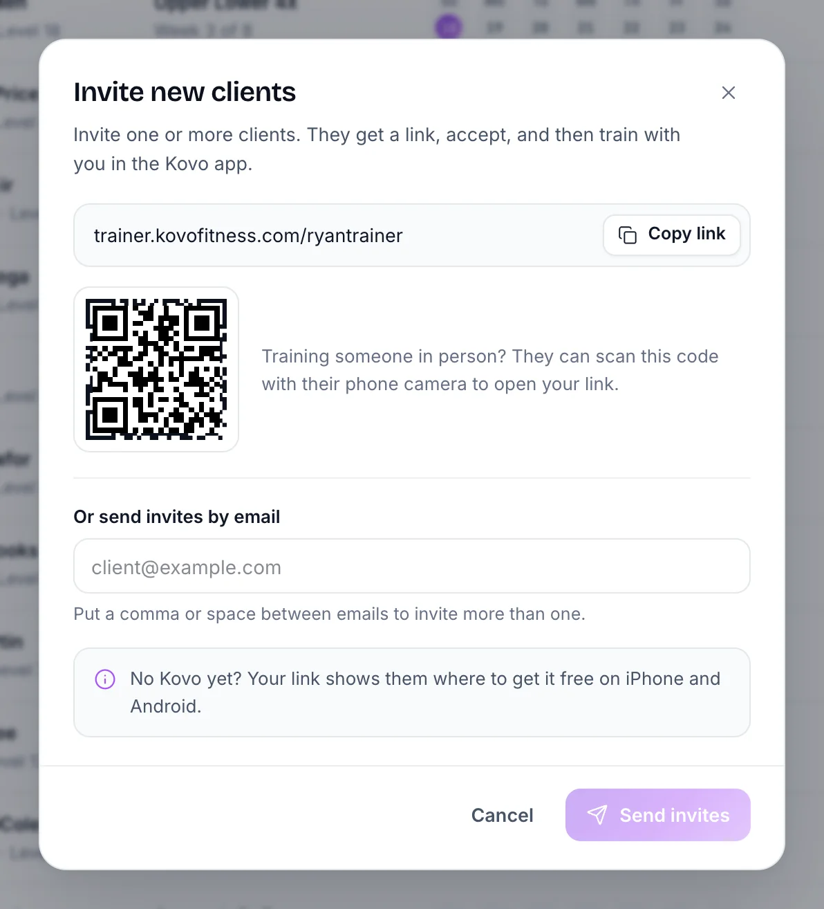 Inviting clients with a link, a QR code or an email