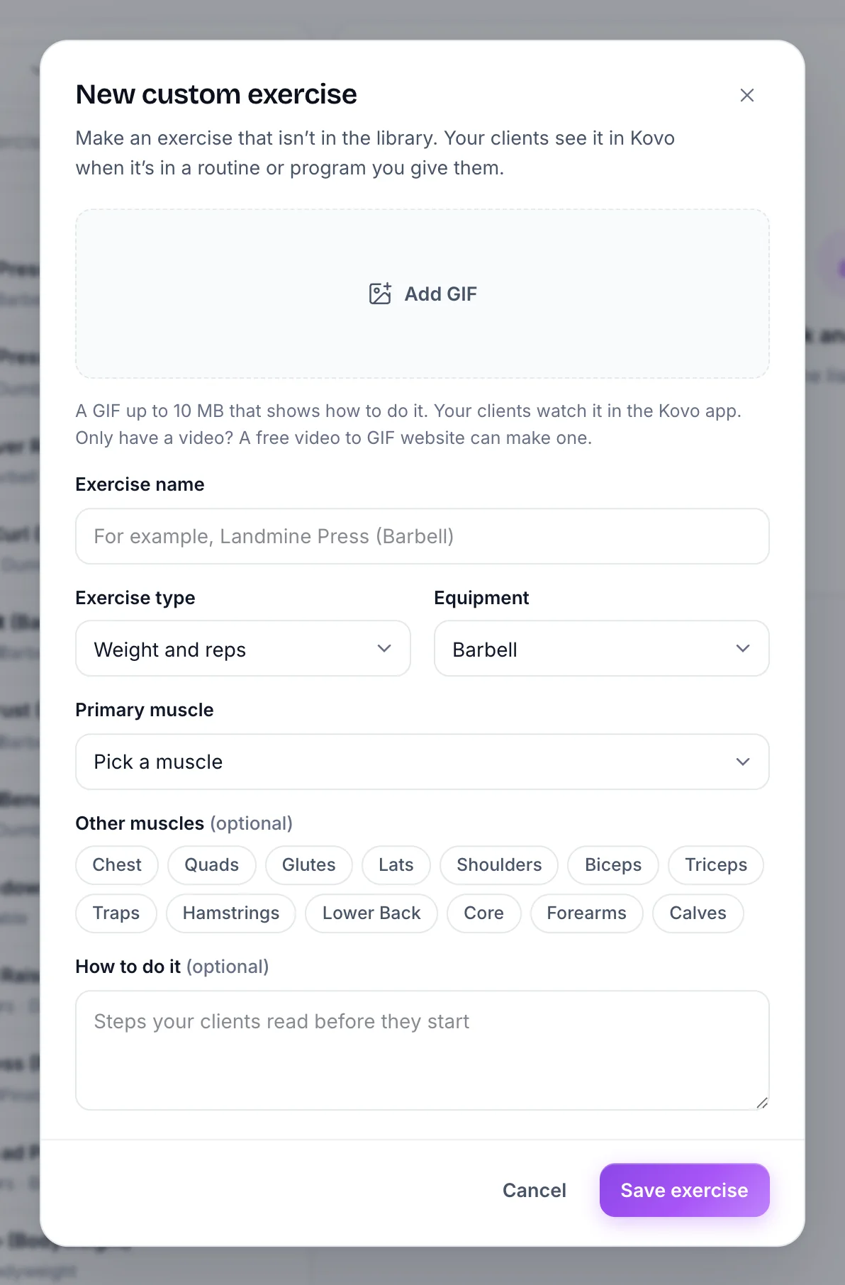 Making a custom exercise with a GIF, type, equipment and muscles