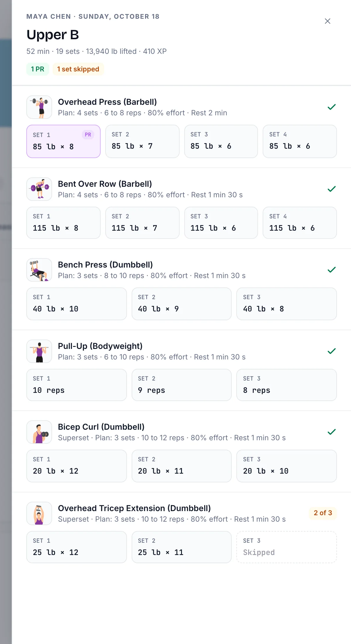 One workout, set by set, next to what was planned