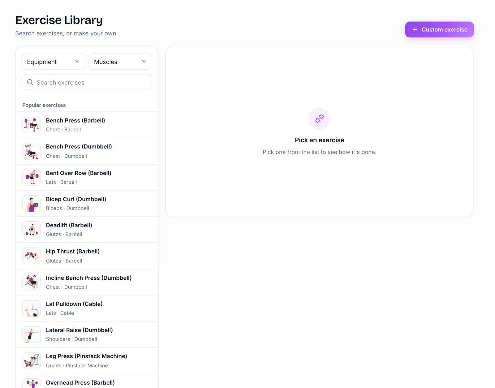 The exercise library with equipment and muscle filters