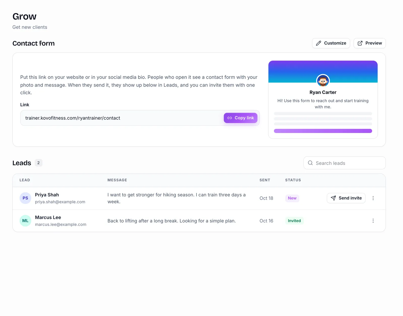 The contact form link and the list of leads, with Send invite