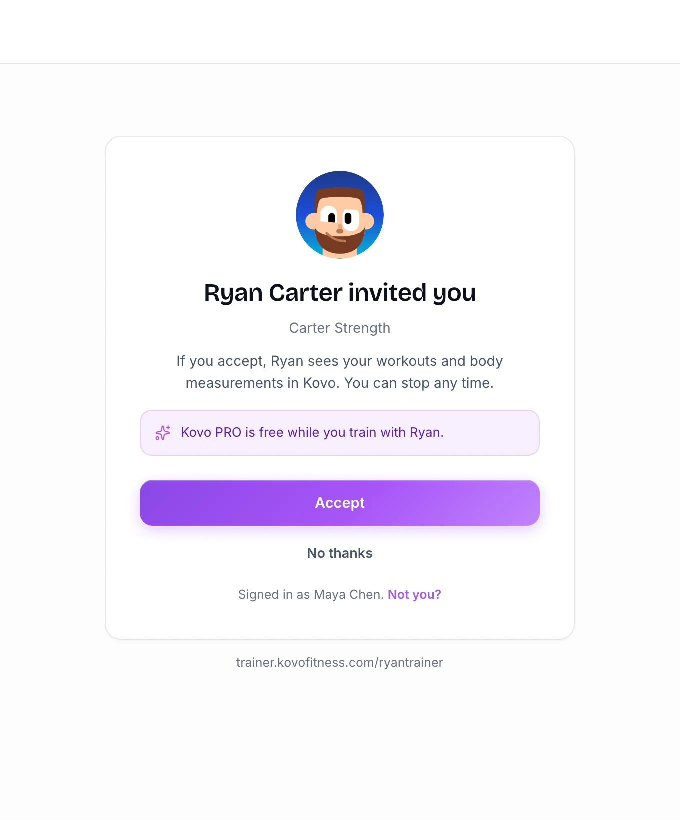 The invite page, where a client accepts with their Kovo account