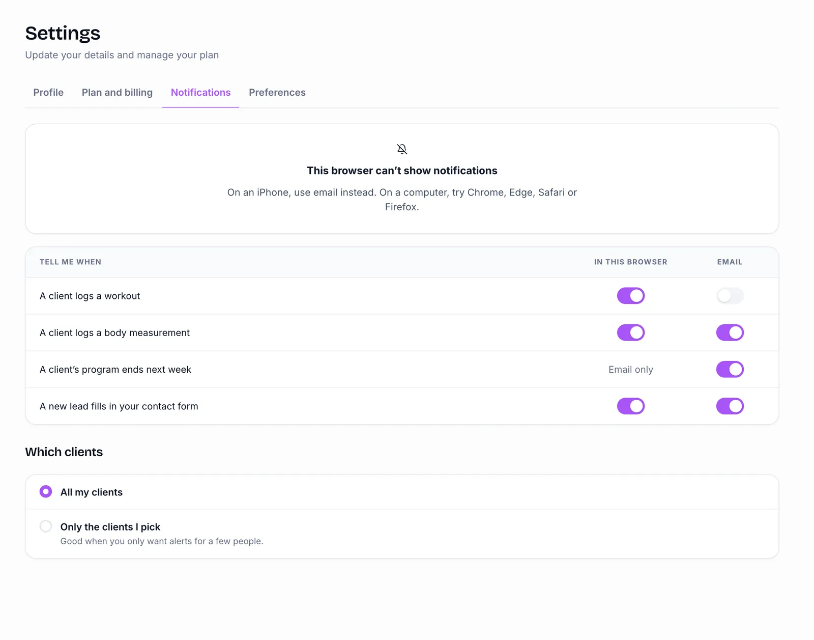 Notification settings: browser and email alerts for workouts, measurements, programs ending and new leads