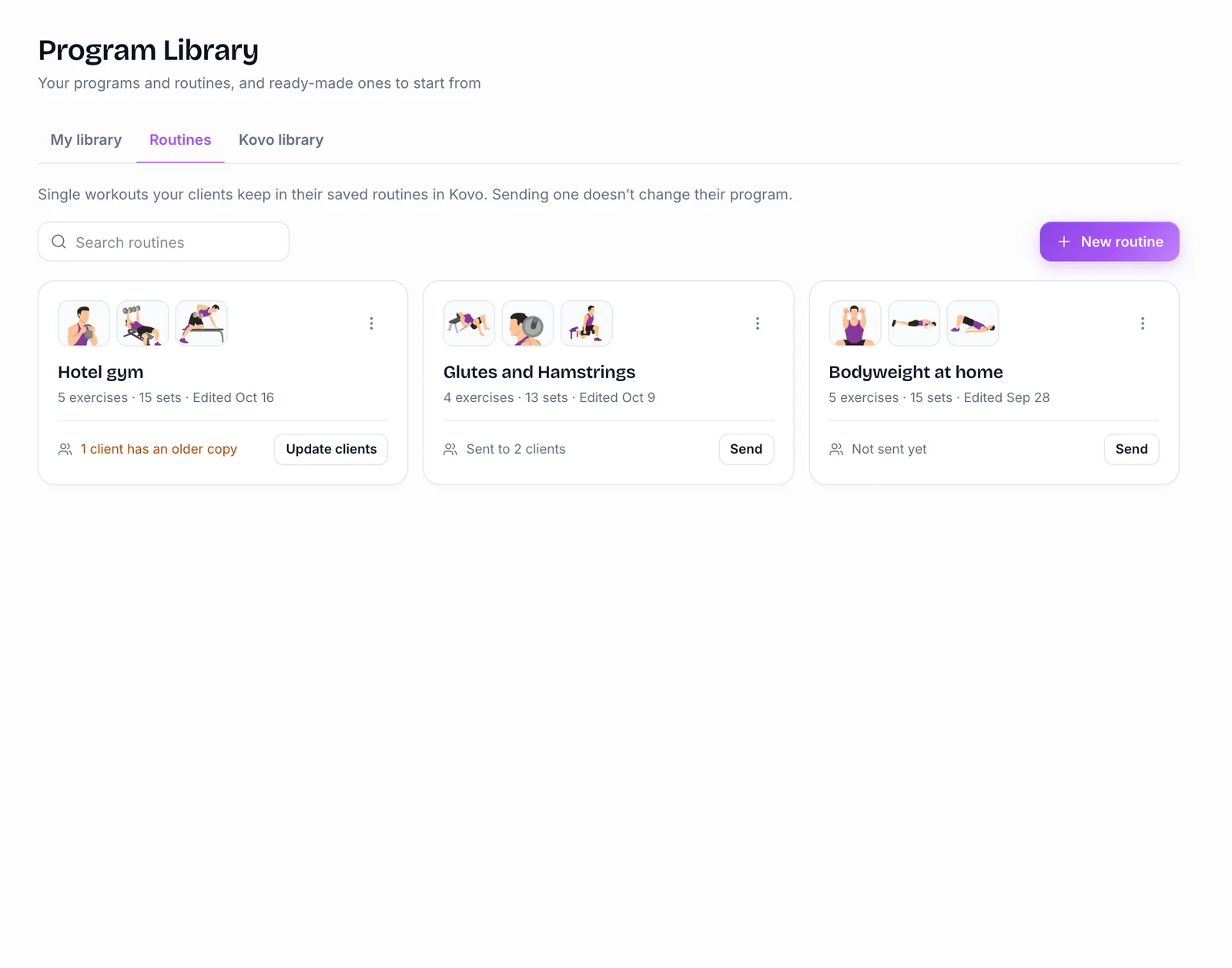 Routines sent to clients, with who has an older copy and an Update clients button