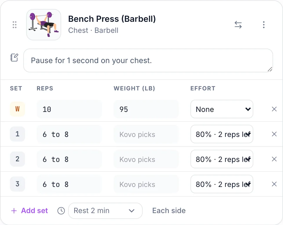 Bench press in the workout builder, with a warm-up set and three working sets at 80% effort
