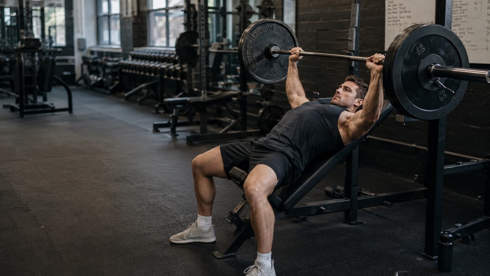 Documentary-style photo of a lifter mid-rep on an incline barbell bench press, the bar pressed overhead, in a free-weights gym with racks and dumbbells softly out of focus behind.