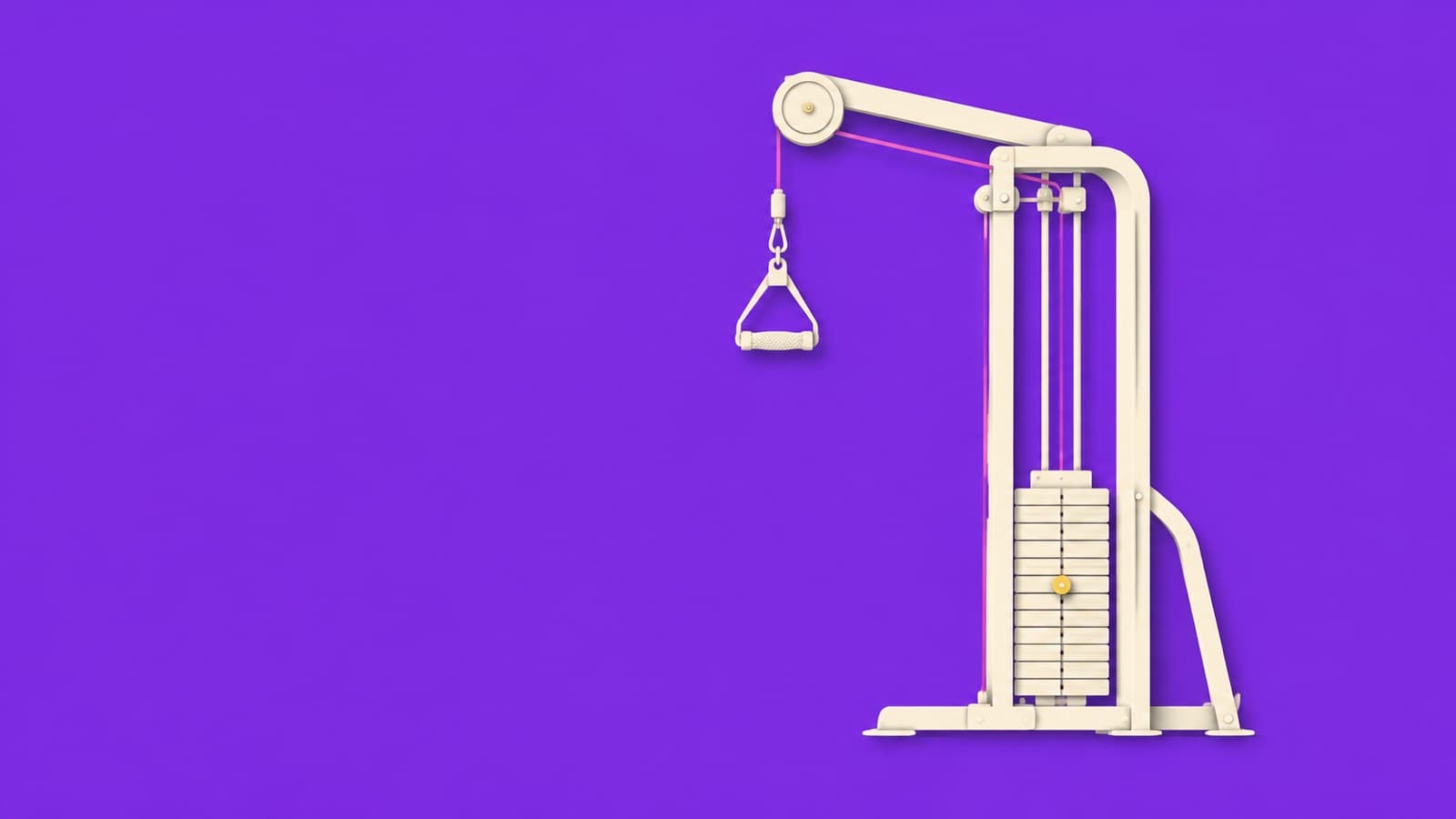 Flat cream-on-purple spot illustration of a cable pulley station drawn side-on, with a high pulley, a cable, and a triangle handle attachment, one magenta accent running along the cable.