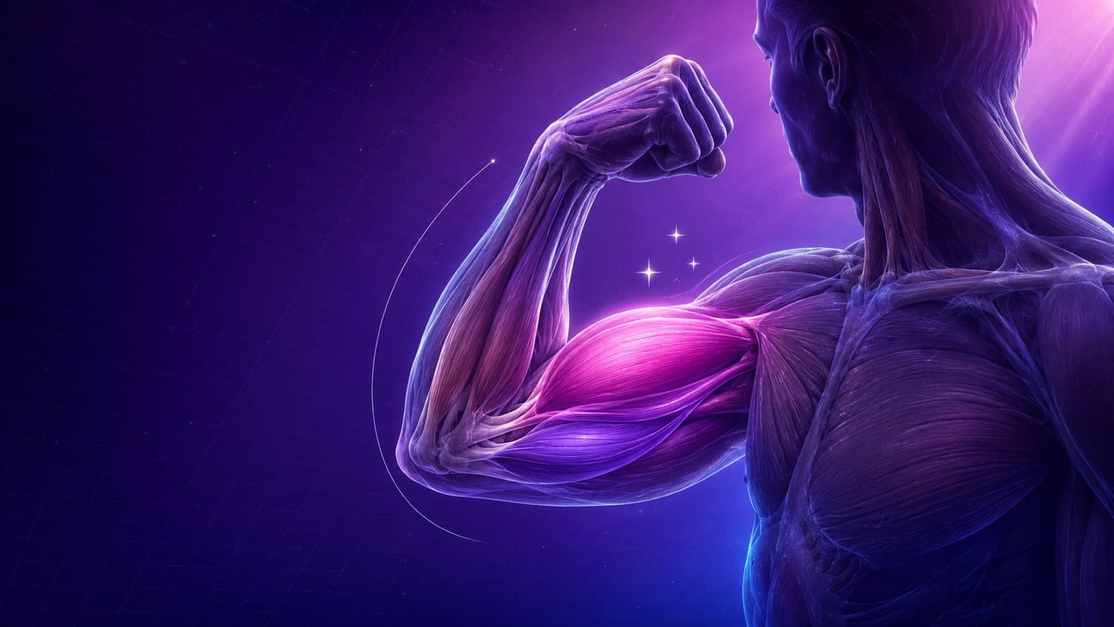 Stylized anatomical illustration of a flexed arm in Kovo's purple-and-magenta palette, the skin rendered translucent to reveal the biceps glowing magenta, with a thin curl-path arc and a scatter of sparkle stars.