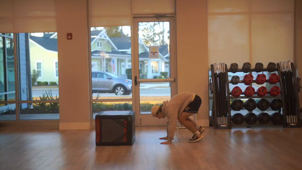 Animated demonstration of the Box Burpee Jump