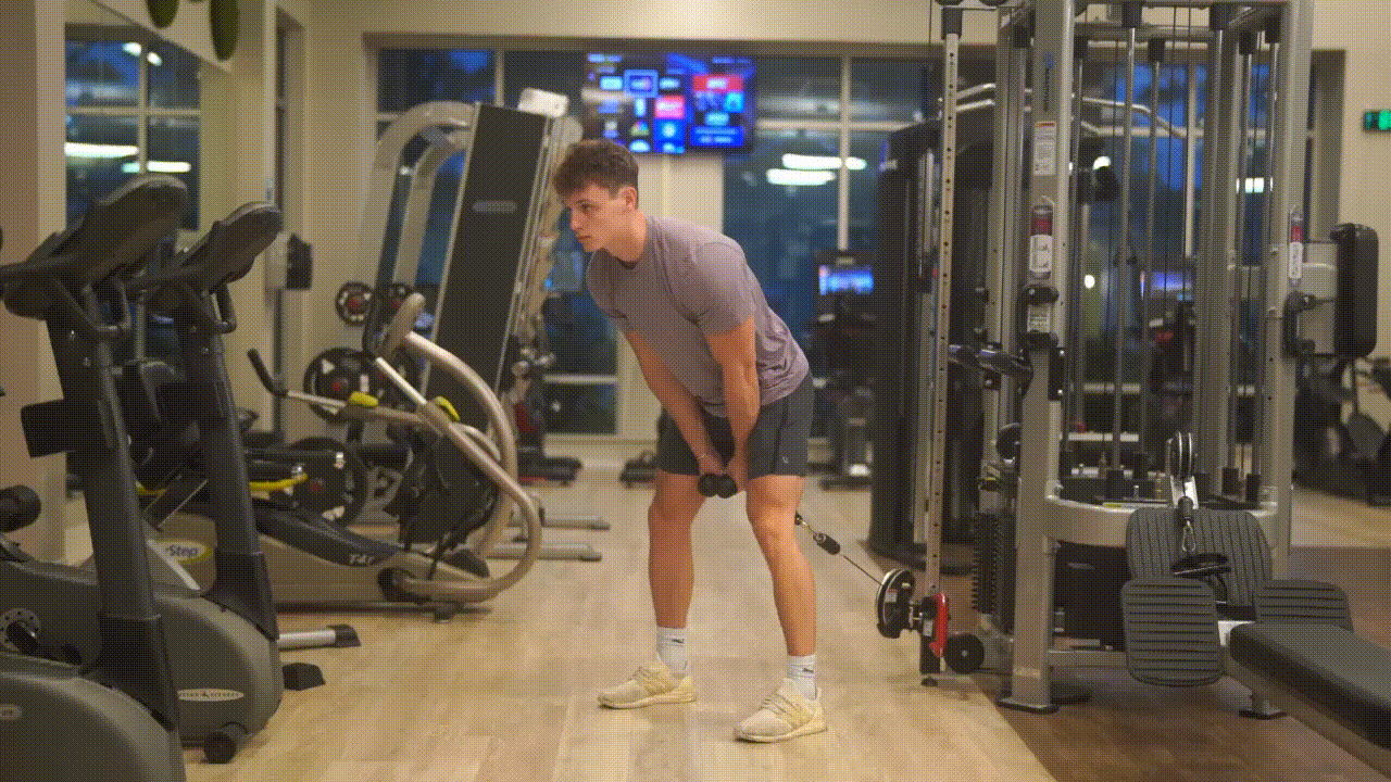 Animated demonstration of the Cable Stiff Leg Deadlift From Stepbox